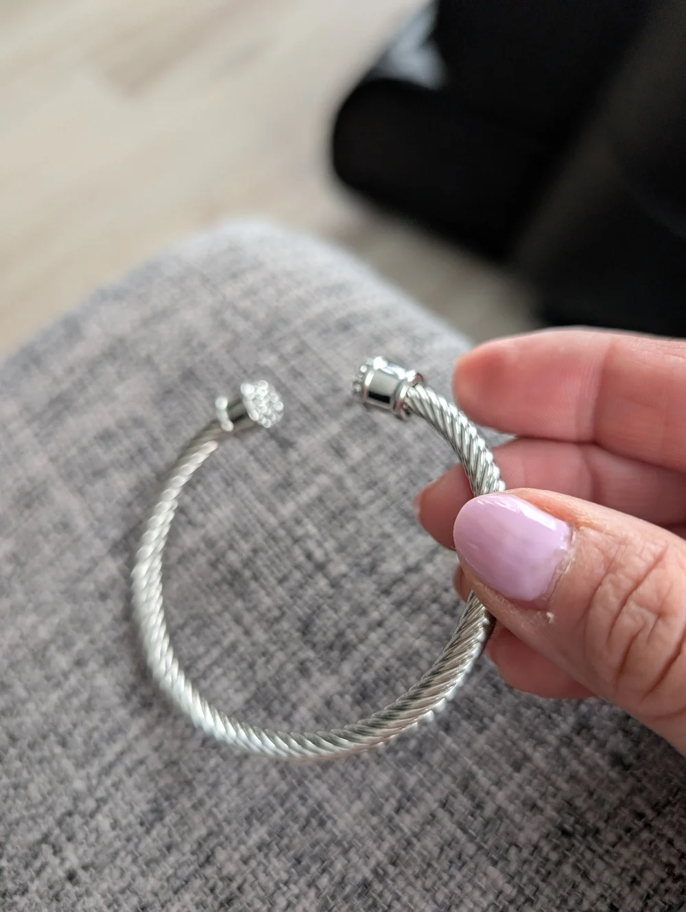 Silver Twisted Cable Open Cuff Bracelet with Pave End Caps